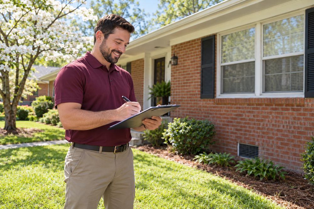 Smiling inspector writing notes on a clipboard in front of a 1950s brick ranch house with a crawlspace vent