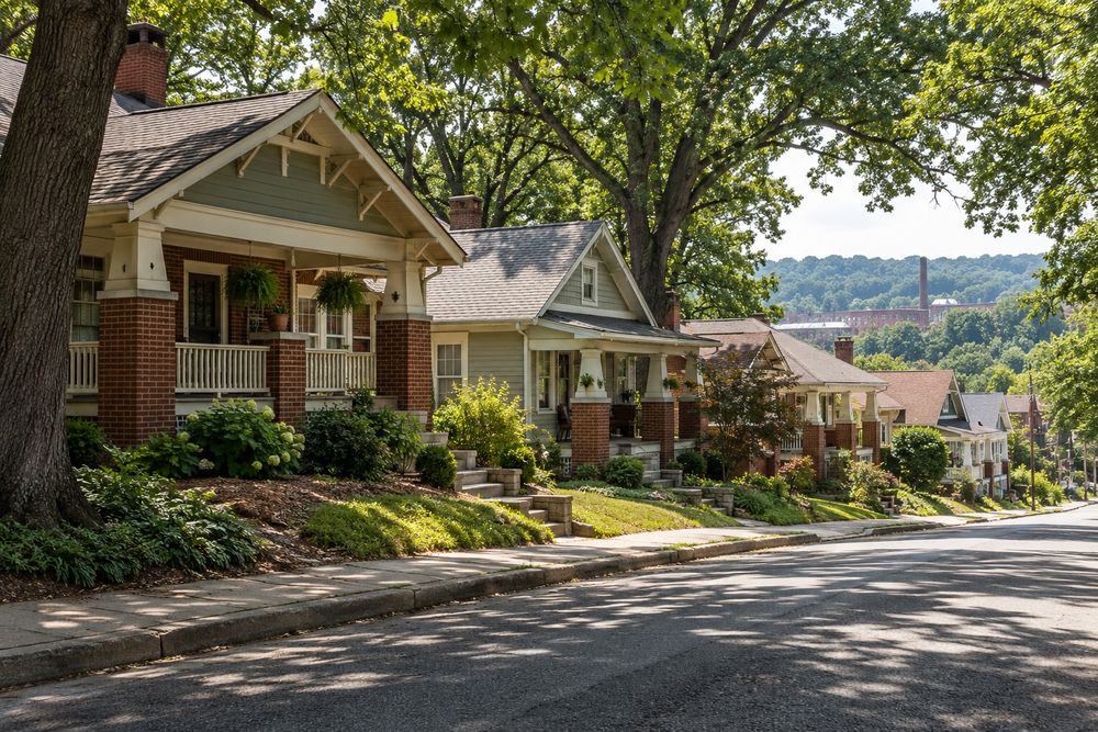 Street of older brick and wood bungalows with porches and brick foundation piers under mature oaks