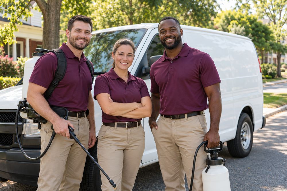 Three smiling pest control technicians in plum polos standing beside a plain white service van