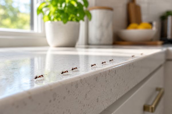 A short trail of small dark ants along the edge of a white kitchen countertop by a window