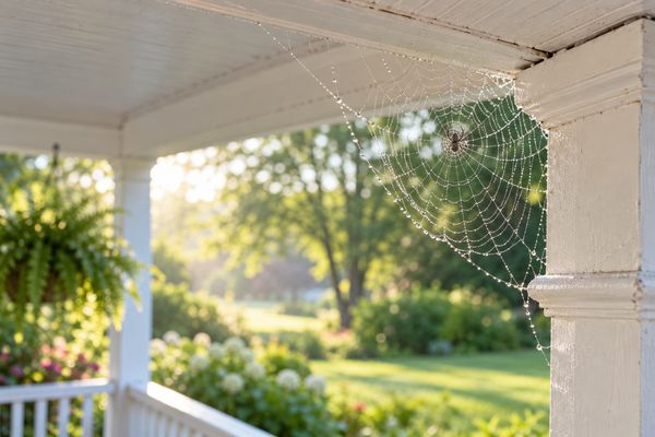 A dewy spider web in the corner of a white front porch ceiling with a green yard beyond