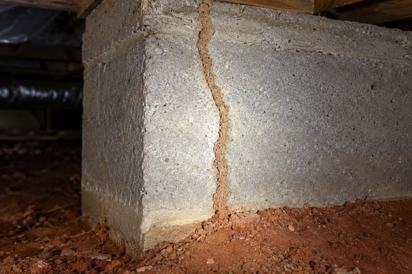 A single subterranean termite mud tube running up a concrete block pier in a crawlspace over red clay