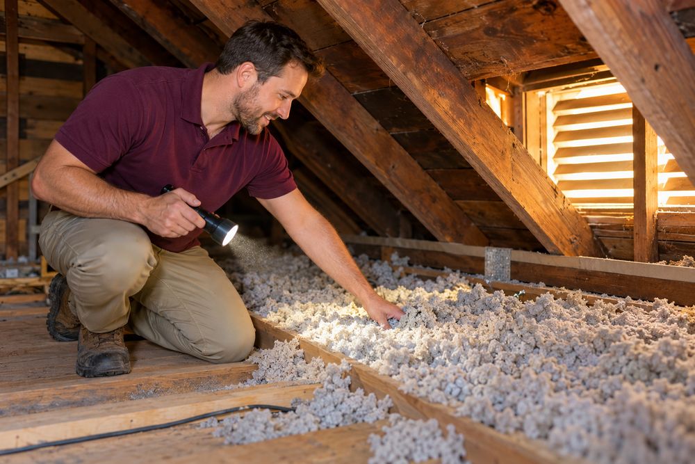 Technician kneeling on attic boards with a flashlight, checking insulation near the eaves for rodent signs