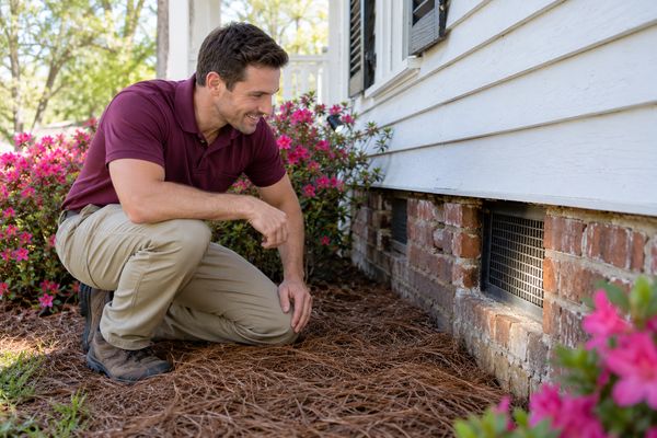 Smiling technician crouched in pine straw beside the brick pier foundation and crawlspace vent of an older wood-sided house