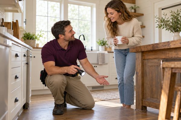 Technician explaining what he found to a smiling homeowner in a bright farmhouse kitchen