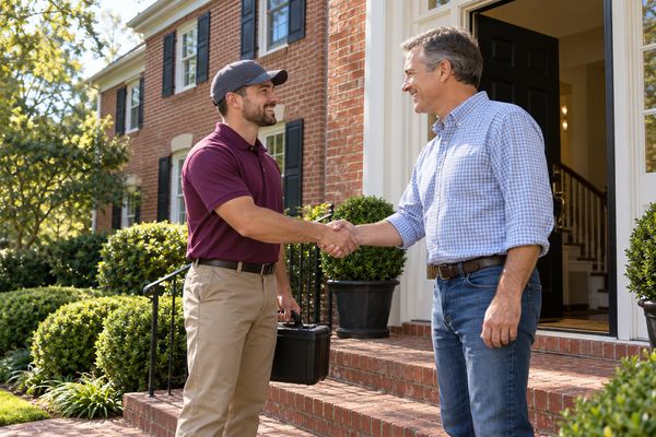 Smiling technician shaking hands with a homeowner at the front door of a red brick house