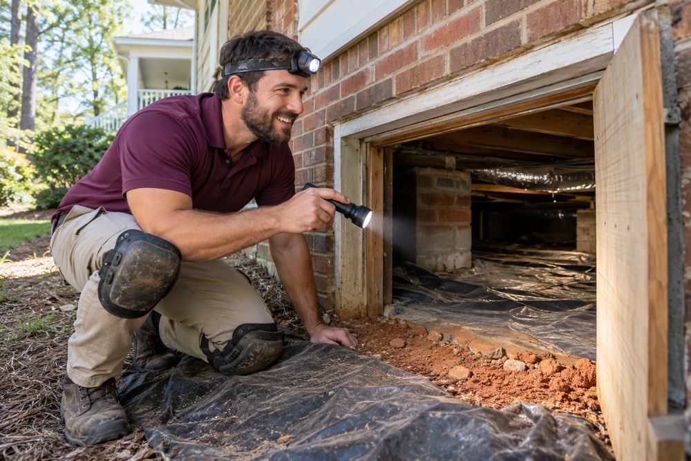 Smiling technician with a headlamp and knee pads looking into the open crawlspace door of an older brick house