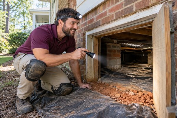 Smiling technician with a headlamp and knee pads looking into the open crawlspace door of an older brick house
