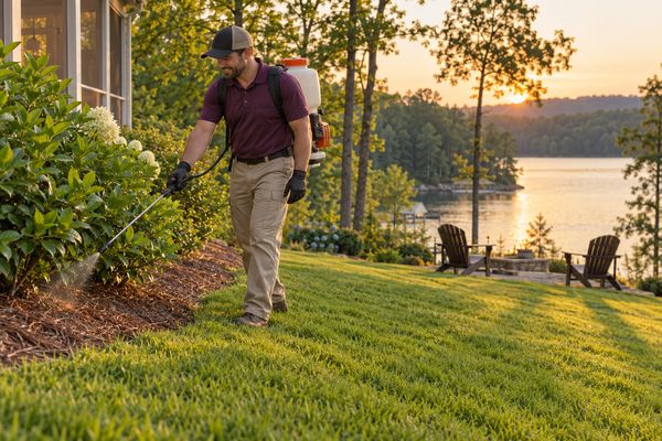 Technician with a backpack mister treating shrubs at the edge of a lawn that slopes down to a wooded lake
