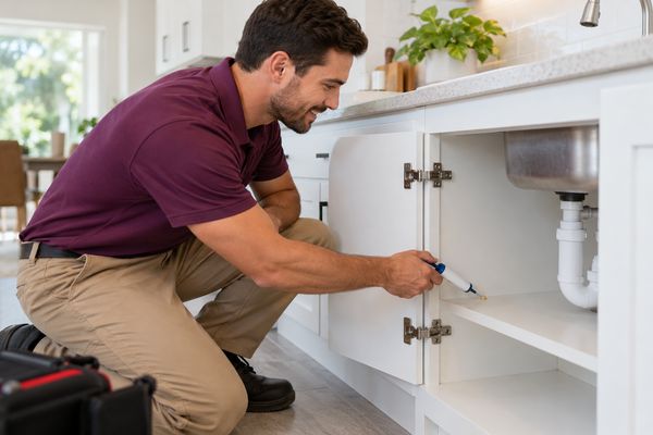 Smiling technician placing a small dot of gel bait inside an under-sink kitchen cabinet