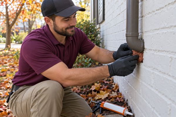 Smiling technician pressing copper mesh into the gap around a pipe on a painted brick wall to keep mice out