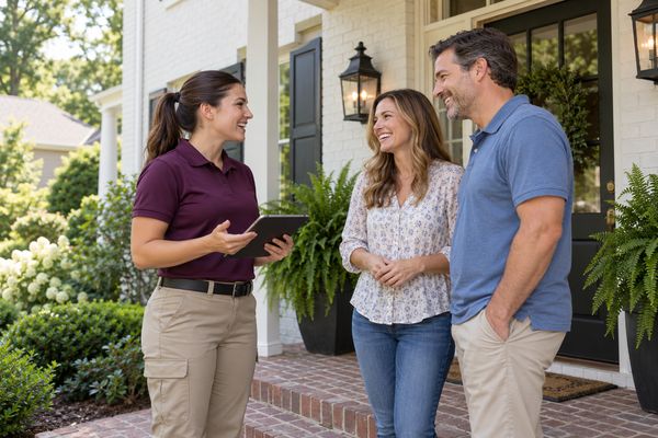 Pest control technician with a tablet talking with a smiling homeowner couple on their brick front porch