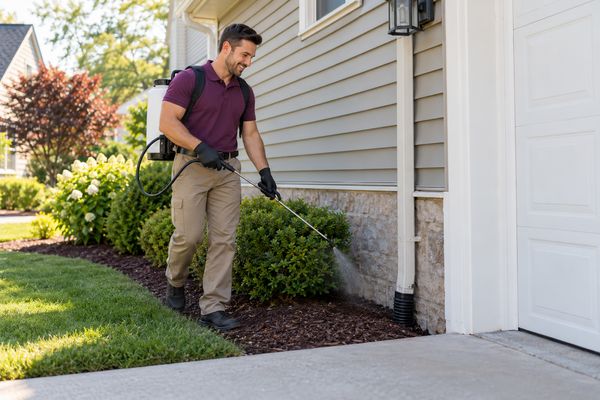 Smiling technician with a hand sprayer treating the mulch bed along a vinyl-sided home's foundation