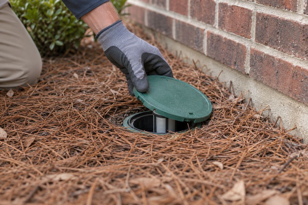 Gloved hand lifting the cap of an in-ground termite bait station set in pine straw beside a brick foundation