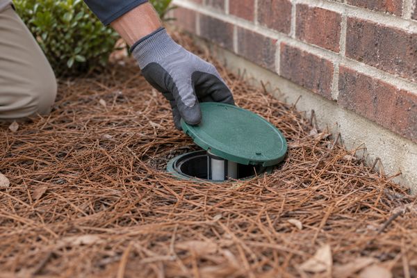 Gloved hand lifting the cap of an in-ground termite bait station set in pine straw beside a brick foundation