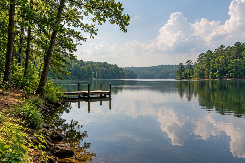 Calm wooded reservoir shoreline with a small dock on a hazy Piedmont summer afternoon